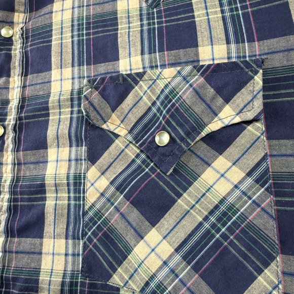 Ely Cattleman Mens XL Plaid Snap Front Long Sleeve Western Shirt Blue Tan Green - Picture 9 of 13